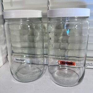 Lot of 2 Clear Glass Regular Mouth 32 fl.oz Bottles With Screw On White Lids
